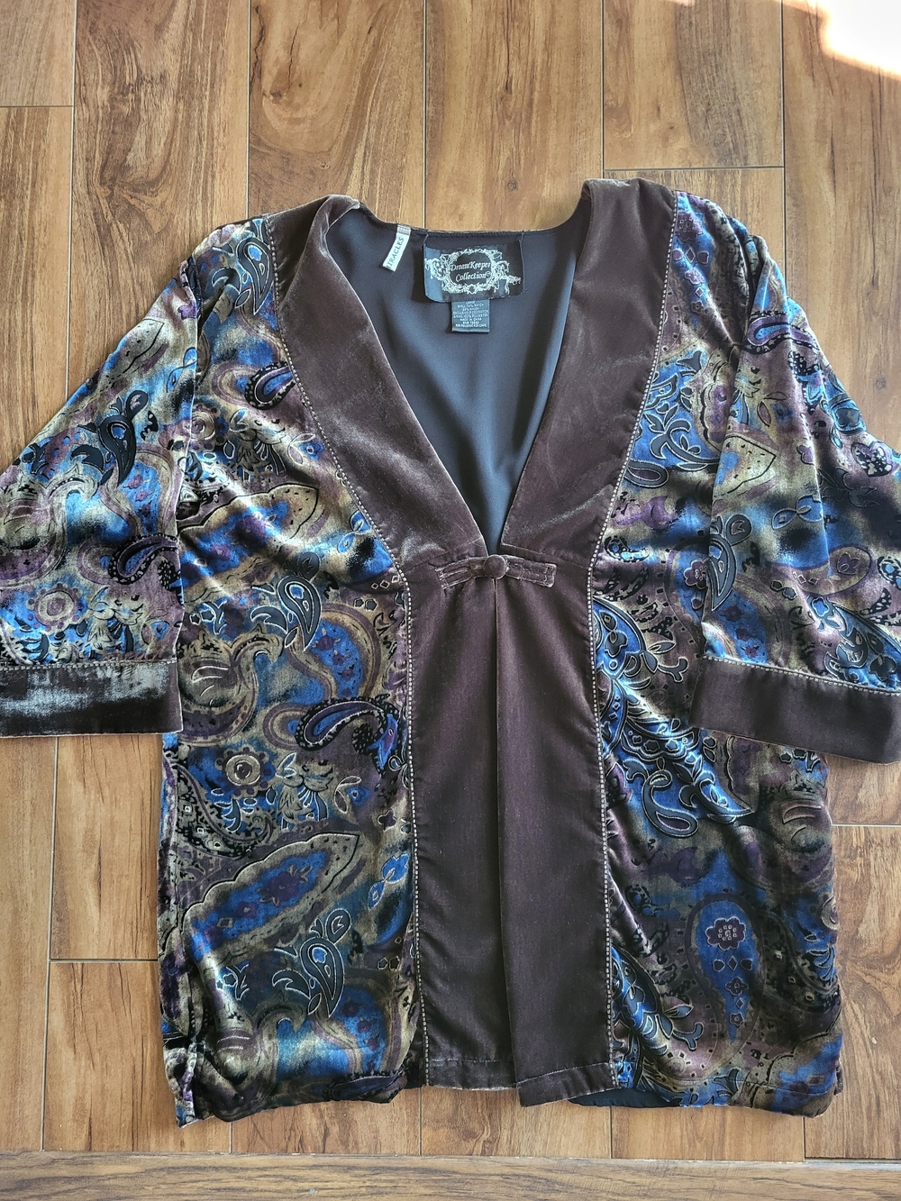 Velvet Kimono Top Brown Blue Paisley Floral Size Large Vintage Art Deco 1920's